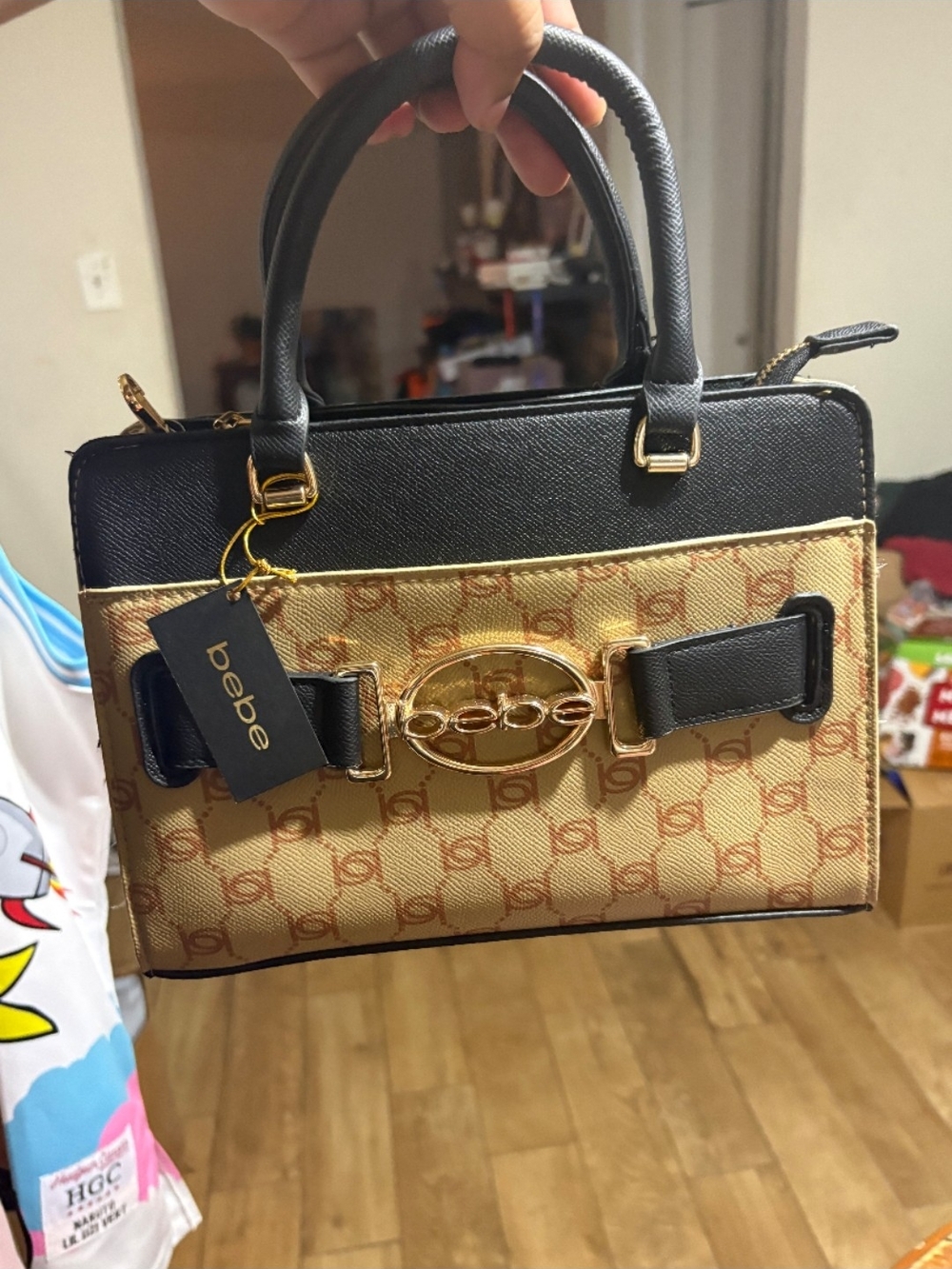 bebe Black and Tan Logo Print Satchel with Gold Hardware